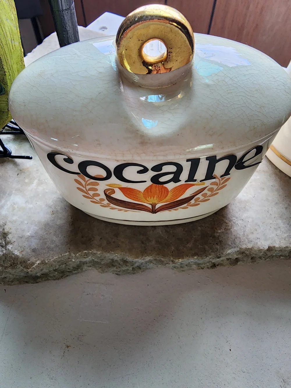 Vintage Ceramic 'Cocaine' Canister and 'Acid' Pitcher - White with Orange Floral